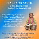 Embassy of India HAGUE presents TABLA CLASSES  For all age groups Starting January 21, 2022