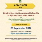 ICAR Invites Applications for International Ph.D. Fellowships for Indian & Overseas Candidates. Last Date of Submisson 25 September.